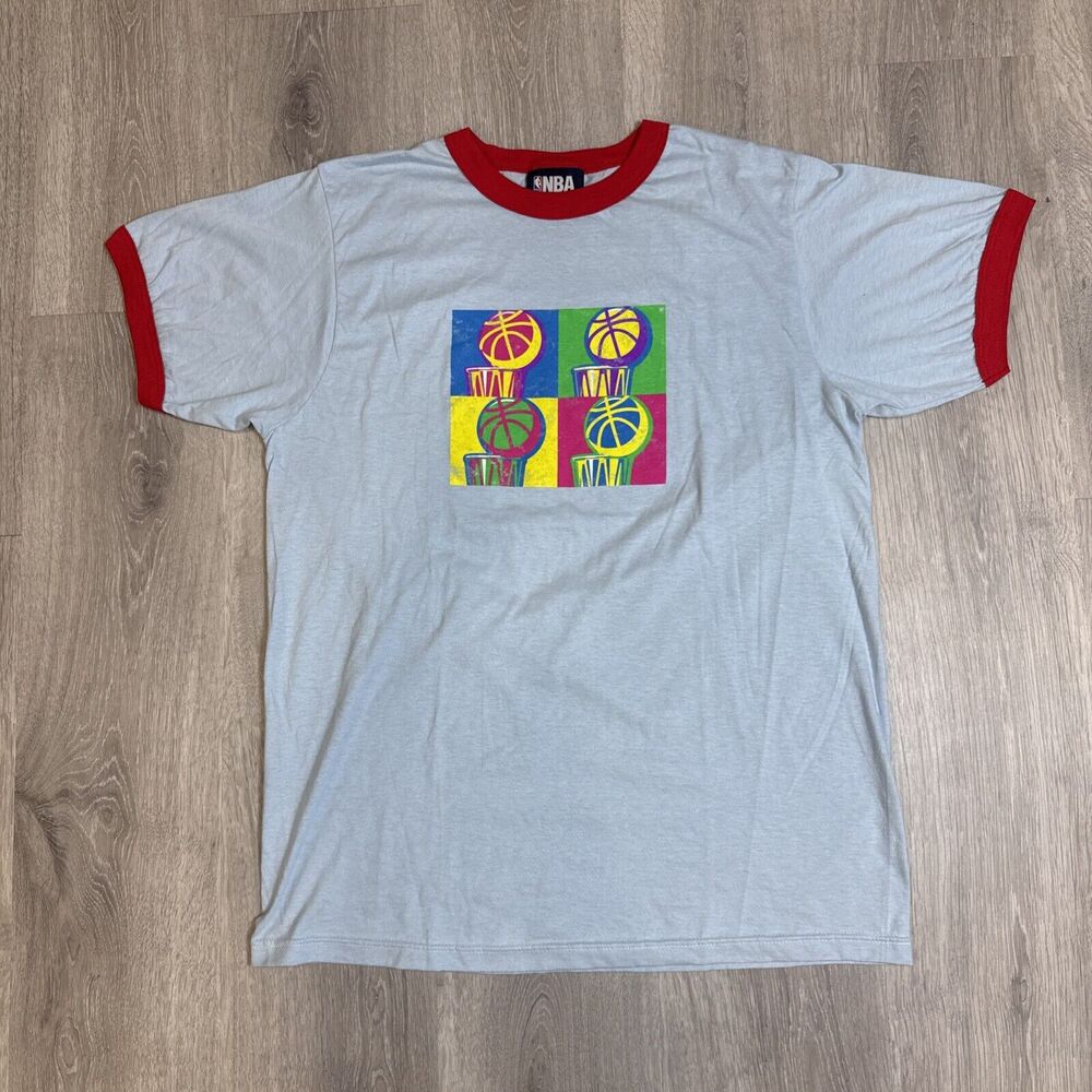 Vintage NBA Ringer T-Shirt Mens Large Light Blue Red Pop Art Basketball USA Made
